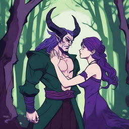 A fantasy scene depicting a forbidden romance between an adult female witch and a male demon