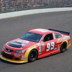 A Pontiac car revamped into a NASCAR version, highlighted by vivid colors, racing alterations, and bedecked with multiple sponsor logos.