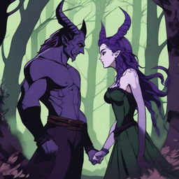 A fantasy scene depicting a forbidden romance between an adult female witch and a male demon