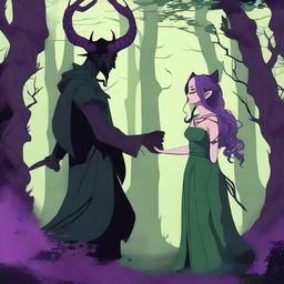 A fantasy scene depicting a forbidden romance between an adult female witch and a male demon