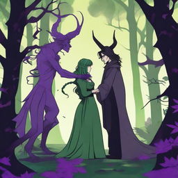 A fantasy scene depicting a forbidden romance between an adult female witch and a male demon