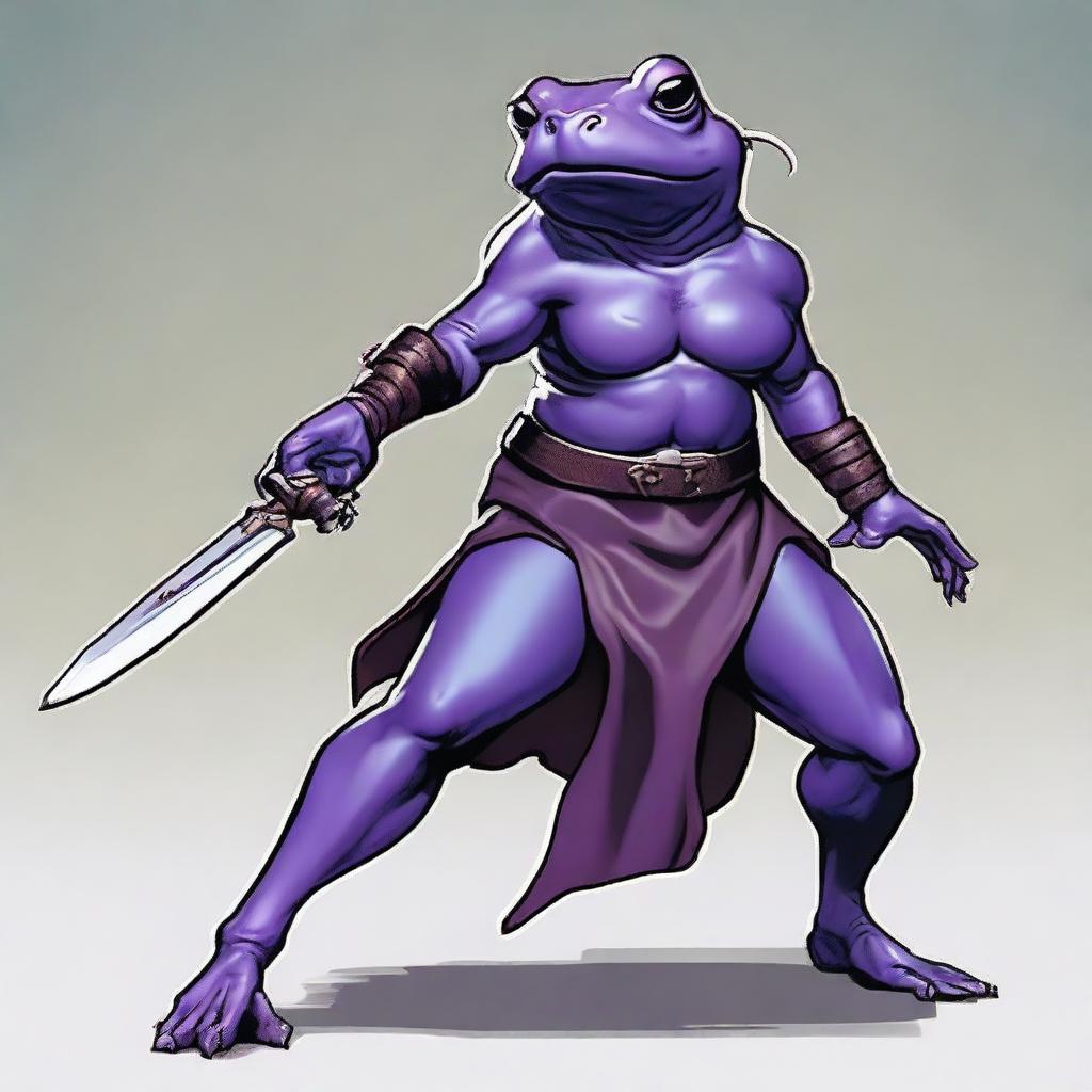 A female purple frog fighter is depicted in a fighting stance