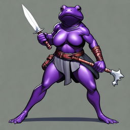 A female purple frog fighter is depicted in a fighting stance