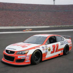 A Pontiac car revamped into a NASCAR version, highlighted by vivid colors, racing alterations, and bedecked with multiple sponsor logos.