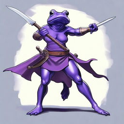 A female purple frog fighter is depicted in a fighting stance