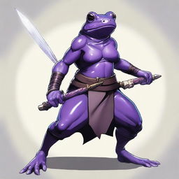 A female purple frog fighter is depicted in a fighting stance