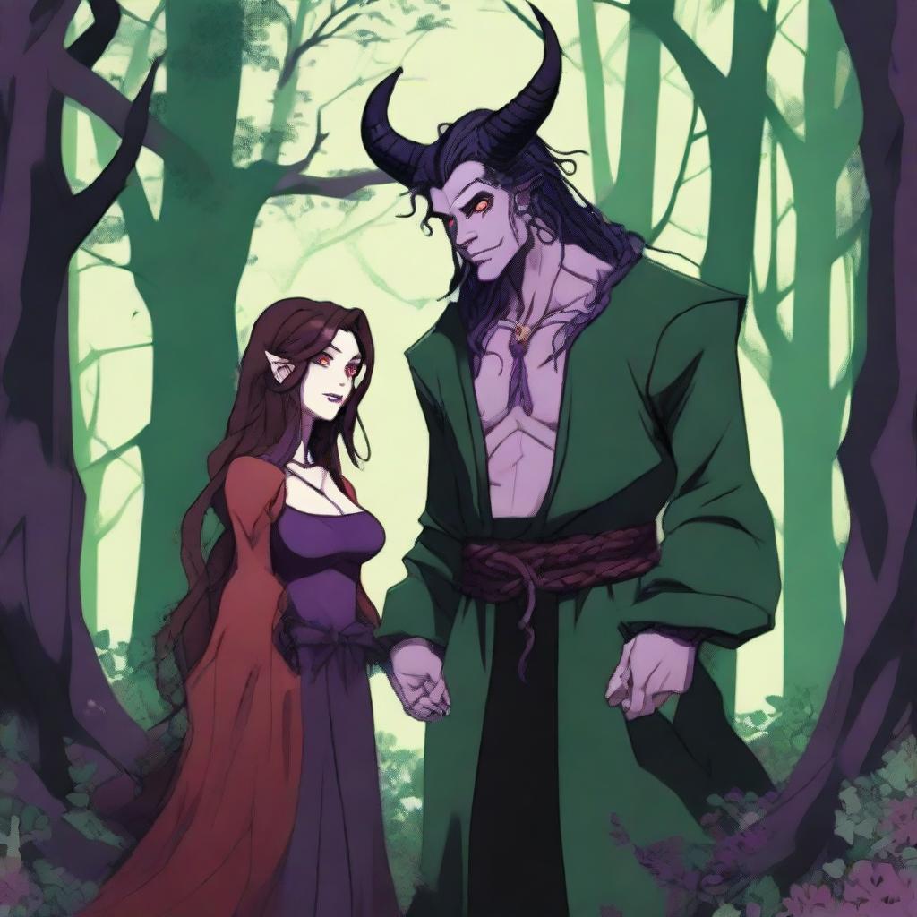 A fantasy scene depicting a forbidden romance between an adult female witch and a male demon