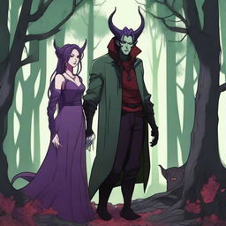 A fantasy scene depicting a forbidden romance between an adult female witch and a male demon