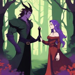 A fantasy scene depicting a forbidden romance between an adult female witch and a male demon