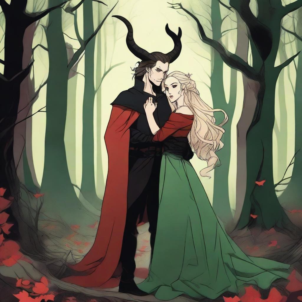 A fantasy scene depicting a forbidden romance between an adult female witch and a male demon