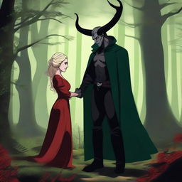 A fantasy scene depicting a forbidden romance between an adult female witch and a male demon