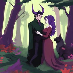 A fantasy scene depicting a forbidden romance between an adult female witch and a male demon