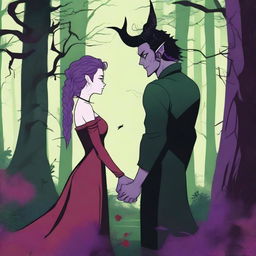 A fantasy scene depicting a forbidden romance between an adult female witch and a male demon