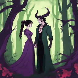 A fantasy scene depicting a forbidden romance between an adult female witch and a male demon