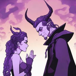 A fantasy scene depicting a forbidden romance between an adult female witch and a male demon