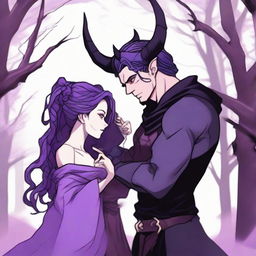 A fantasy scene depicting a forbidden romance between an adult female witch and a male demon