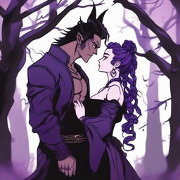 A fantasy scene depicting a forbidden romance between an adult female witch and a male demon