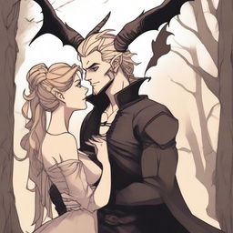 A fantasy scene depicting a forbidden romance between an adult female witch and a male demon