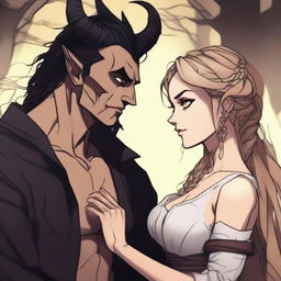 A fantasy scene depicting a forbidden romance between an adult female witch and a male demon