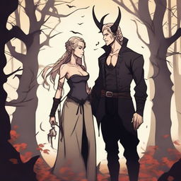 A fantasy scene depicting a forbidden romance between an adult female witch and a male demon