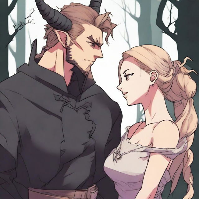 A fantasy scene depicting a forbidden romance between an adult female witch and a male demon