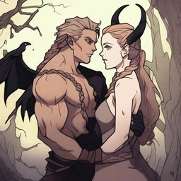 A fantasy scene depicting a forbidden romance between an adult female witch and a male demon