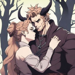 A fantasy scene depicting a forbidden romance between an adult female witch and a male demon