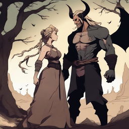 A fantasy scene depicting a forbidden romance between an adult female witch and a male demon