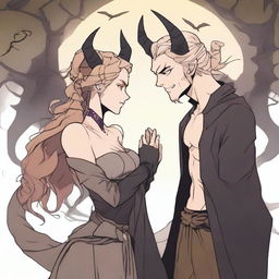 A fantasy scene depicting a forbidden romance between an adult female witch and a male demon