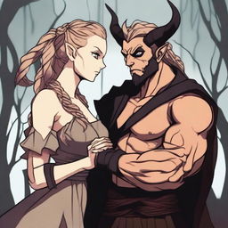 A fantasy scene depicting a forbidden romance between an adult female witch and a male demon