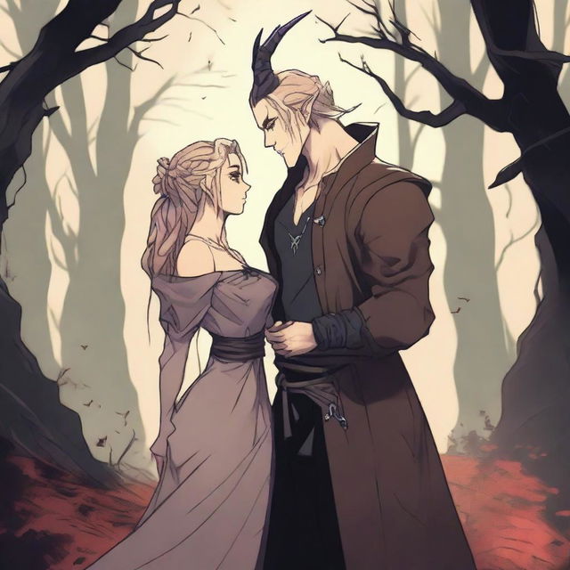 A fantasy scene depicting a forbidden romance between an adult female witch and a male demon