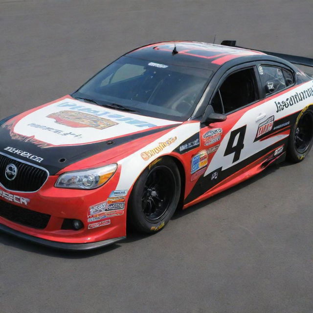 A Buick car reimagined in NASCAR style, featuring vibrant colors, race-specific modifications, and adorned with a variety of sponsor decals.