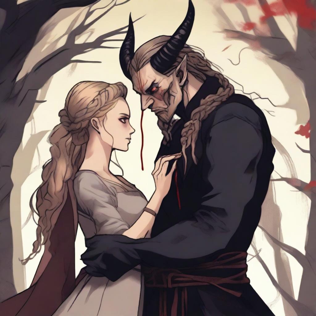 A fantasy scene depicting a forbidden romance between an adult female witch and a male demon