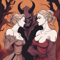 A fantasy scene depicting a forbidden romance between an adult female witch and a male demon