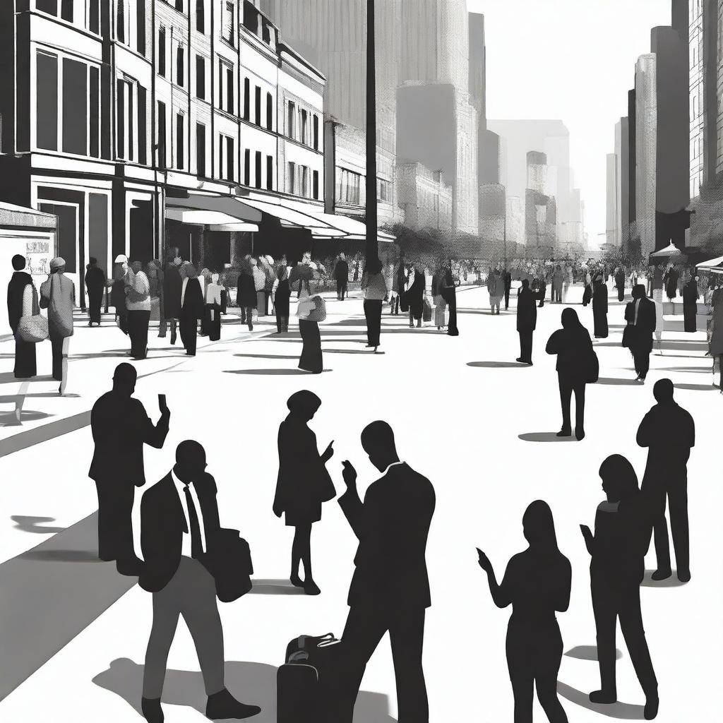 Create a black and white image showing multiple people using their cellphones throughout a city