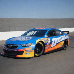 A Buick car reimagined in NASCAR style, featuring vibrant colors, race-specific modifications, and adorned with a variety of sponsor decals.