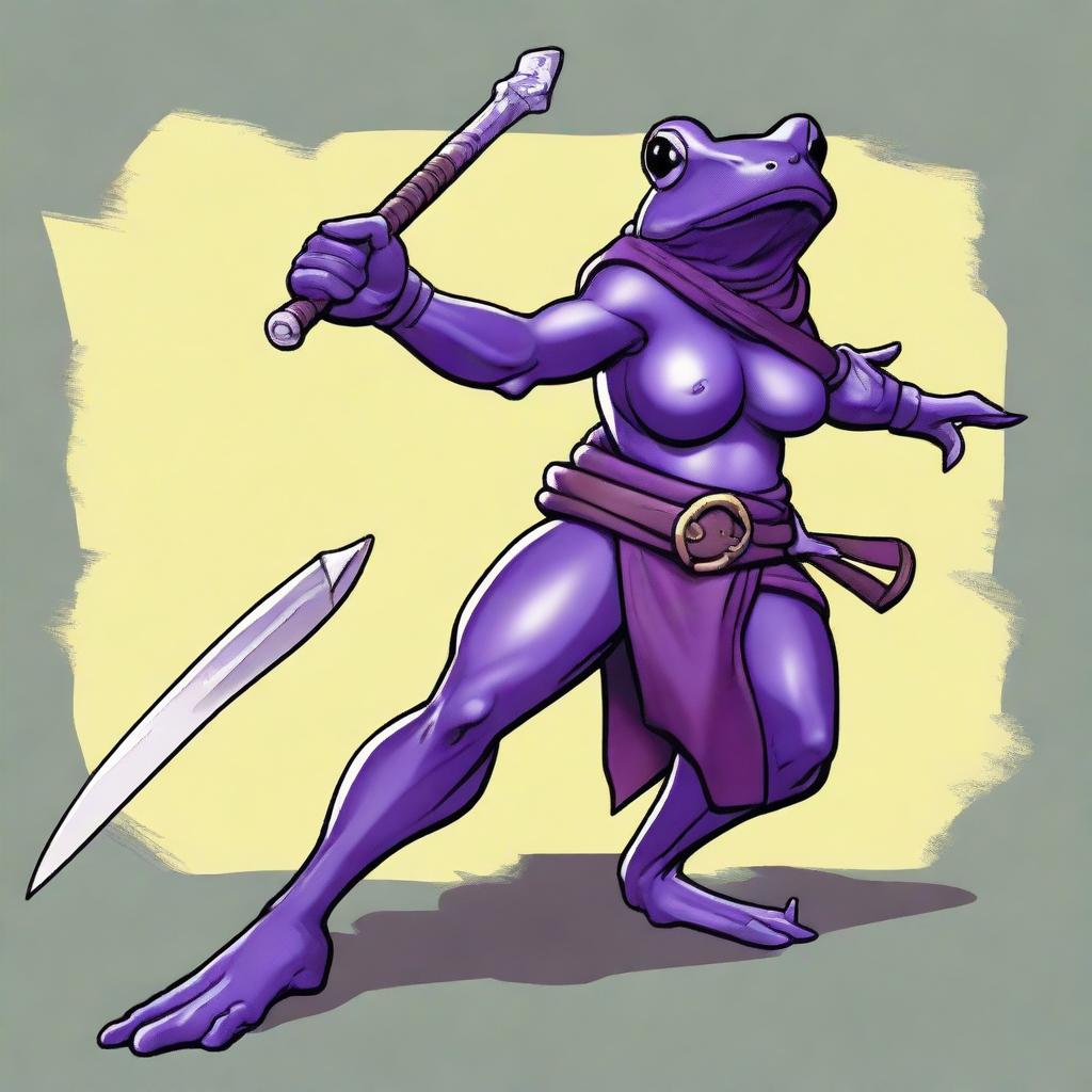 A female purple frog fighter stands in an aggressive fighting stance