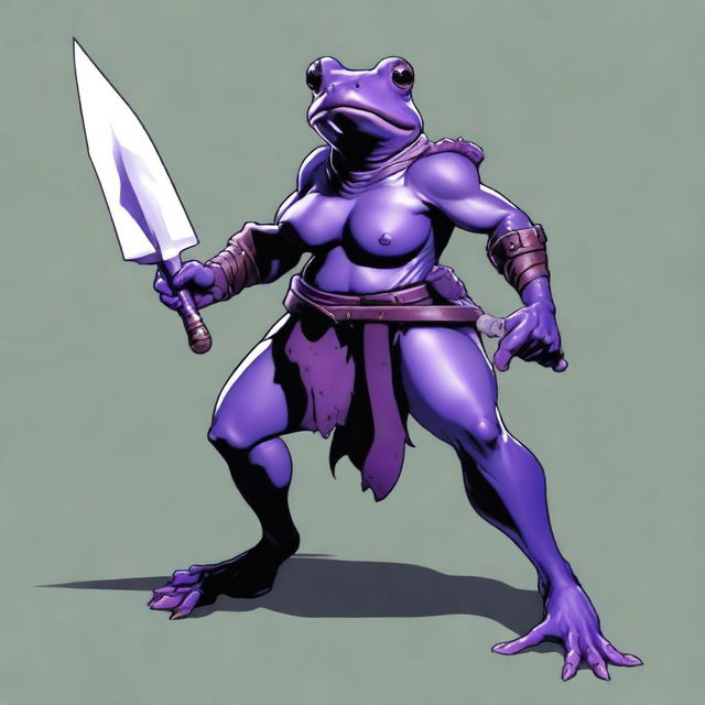 A female purple frog fighter stands in an aggressive fighting stance