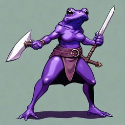 A female purple frog fighter stands in an aggressive fighting stance