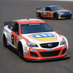 A Buick car reimagined in NASCAR style, featuring vibrant colors, race-specific modifications, and adorned with a variety of sponsor decals.