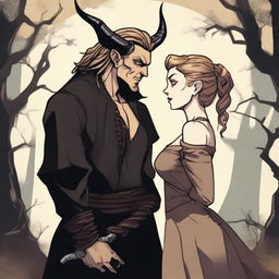 A fantasy scene depicting a forbidden romance between an adult female witch and a male demon