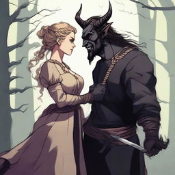 A fantasy scene depicting a forbidden romance between an adult female witch and a male demon