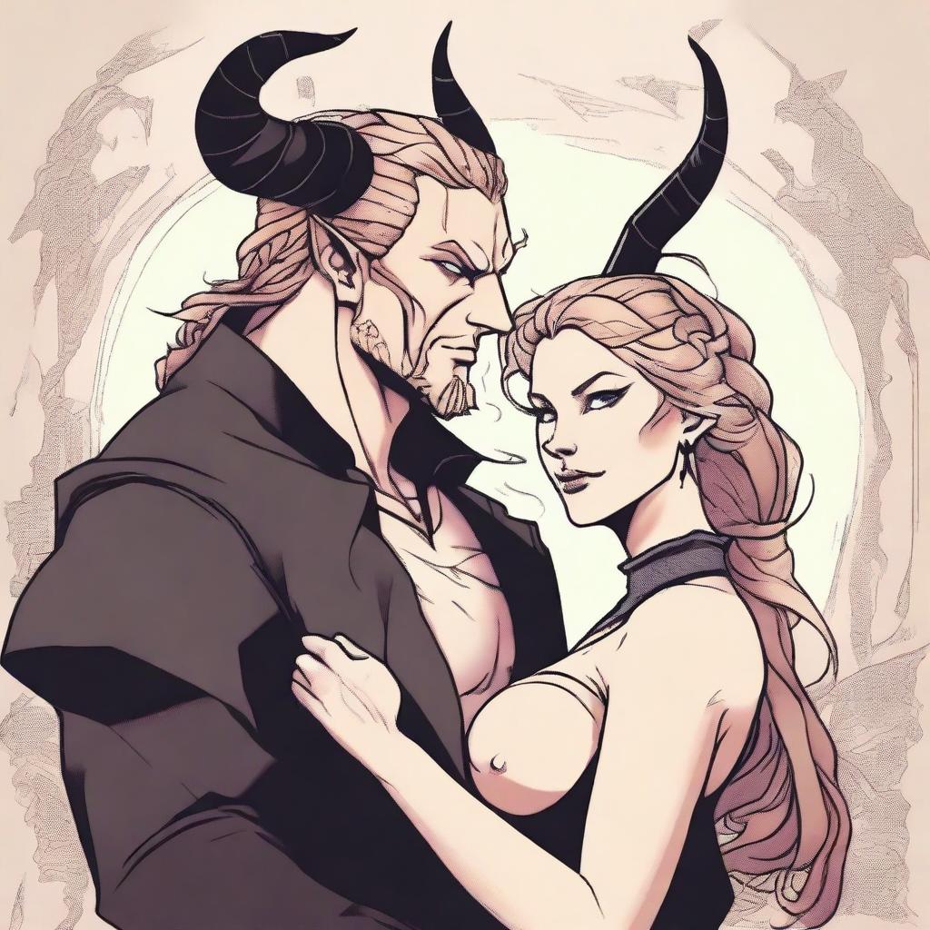 A fantasy scene depicting a forbidden romance between an adult female witch and a male demon
