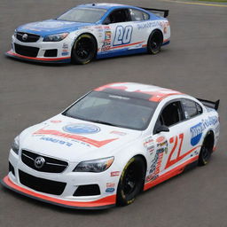 A Buick car reimagined in NASCAR style, featuring vibrant colors, race-specific modifications, and adorned with a variety of sponsor decals.