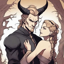 A fantasy scene depicting a forbidden romance between an adult female witch and a male demon