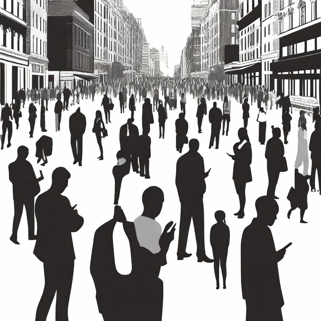 Create a black and white image for a book cover showing multiple people using their cellphones in a city