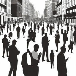 Create a black and white image for a book cover showing multiple people using their cellphones in a city