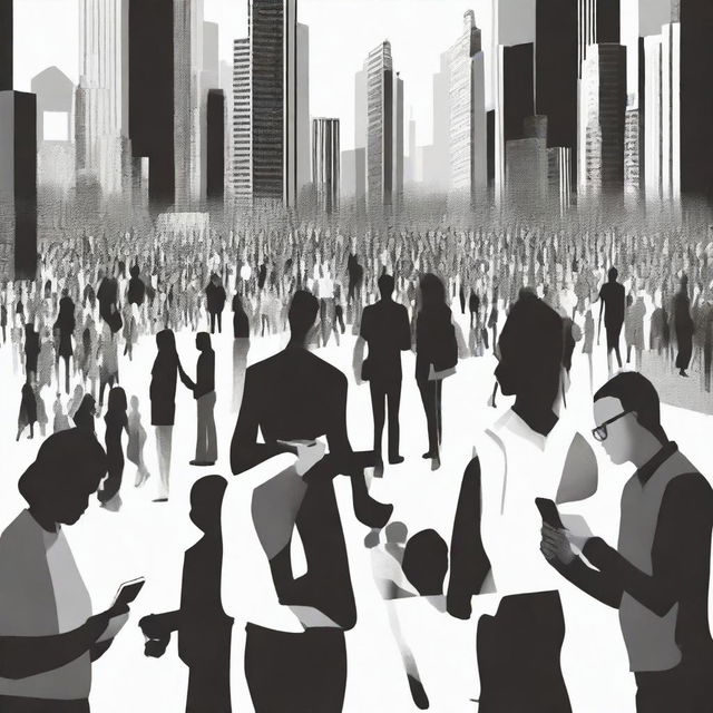 Create a black and white image for a book cover showing multiple people using their cellphones in a city