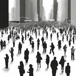 Create a black and white image for a book cover showing multiple people using their cellphones in a city