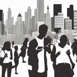 Create a black and white image for a book cover showing multiple people using their cellphones in a city